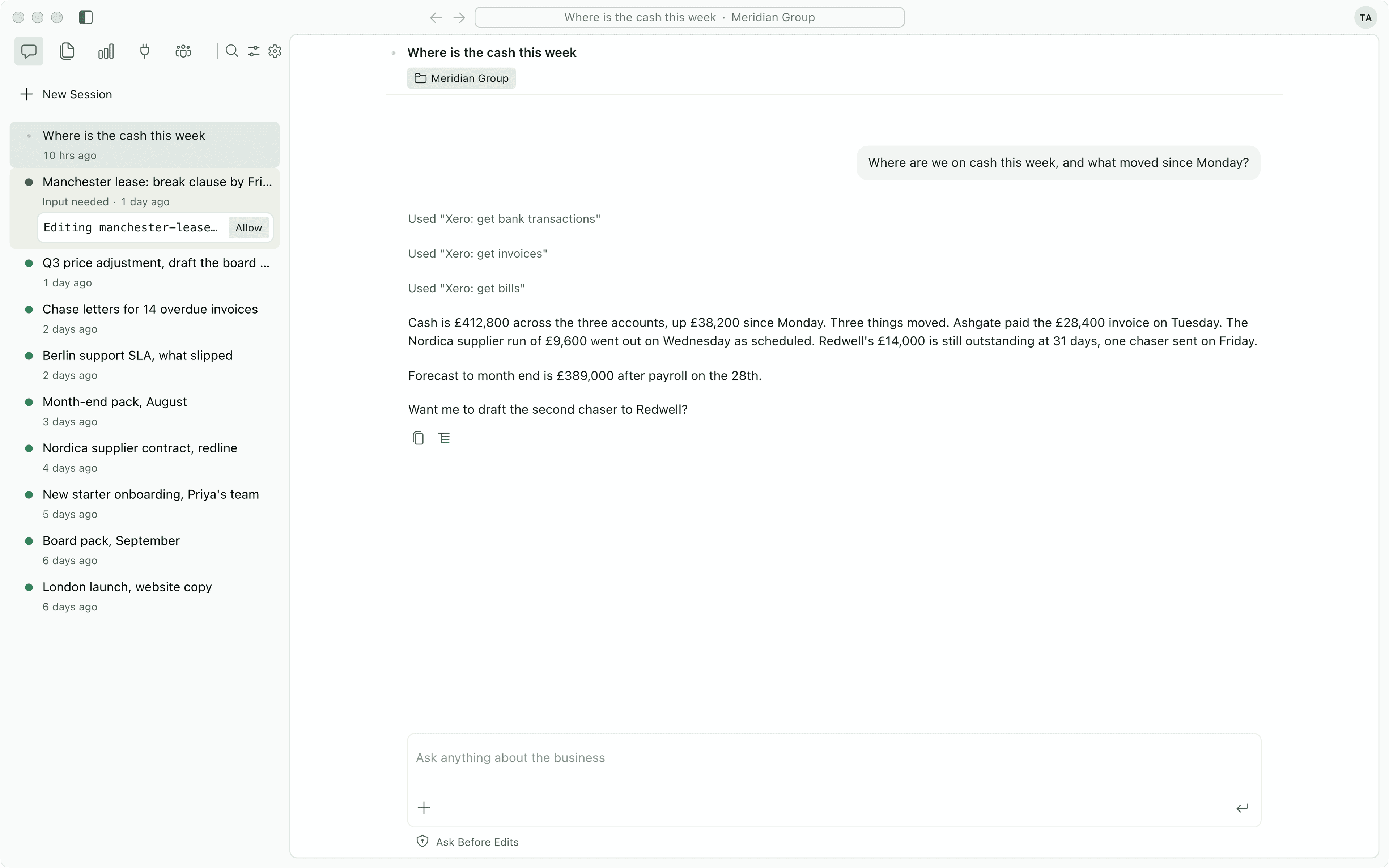 A question, the records it read and a sourced answer in Imperium OS